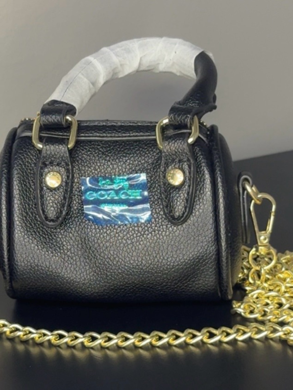 Coach Black Pebbled Leather Mini Satchel with Gold Chain Strap